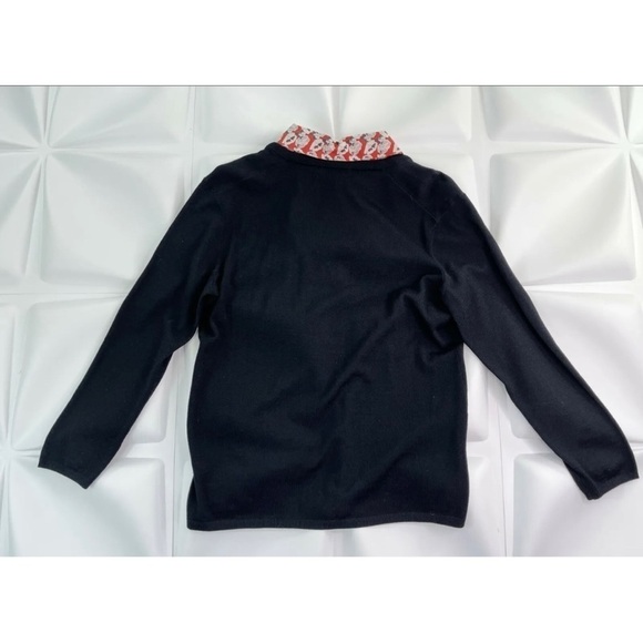 Tory Burch Women Sz M Black Merino Wool V Neck Layered Sweater Floral Silk Shirt - Picture 3 of 9